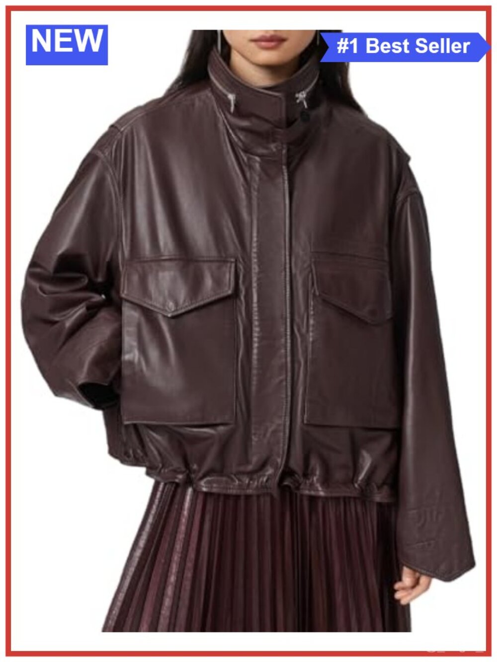 Cropped Genuine Leather Funnel Neck Oversized Aviator Jacket